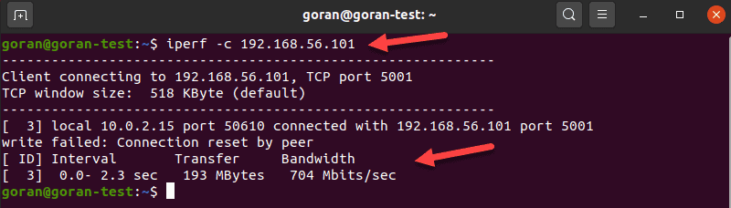 Show the transfer and bandwidth information with iperf command.