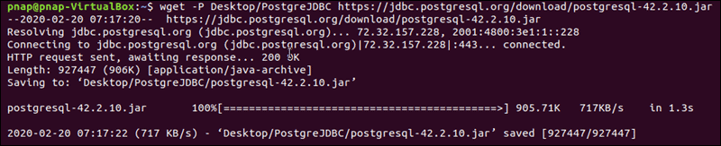 The terminal confirms that the jdbc package for PostgreSQL has been downloaded successfully.