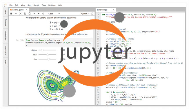 Jupyter IDE with a notebook on the left, code on the right and the official logo in the center