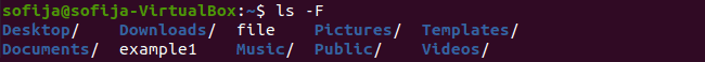 List content of home directory distinguishing files and directories using ls command.