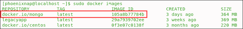 List of Docker images confirms that MongoDB is available in the local repository.