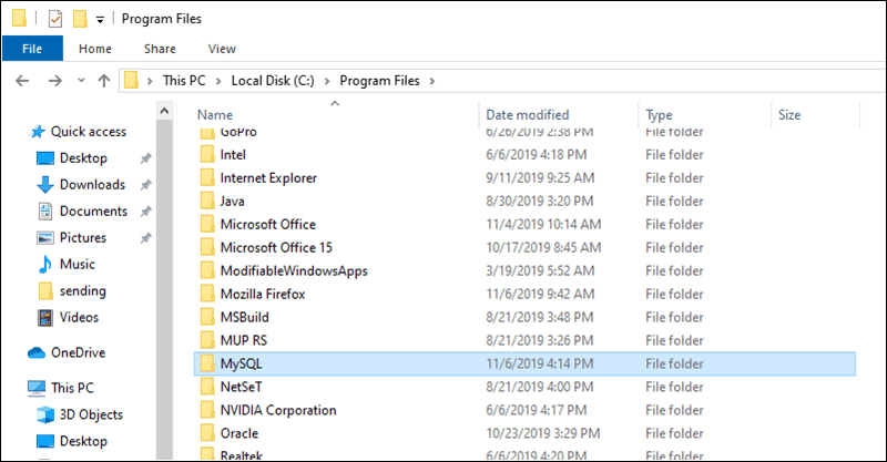 example of locating the MySQL folder