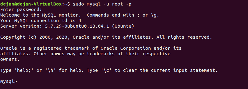 screenshot of Logging into MySQL shell