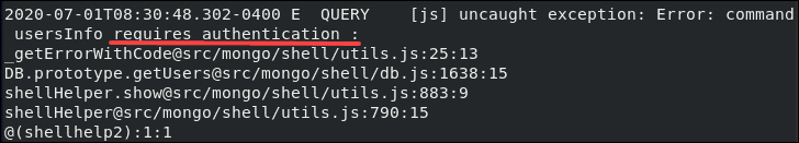 Mongo error message requiring authentication