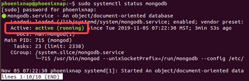 Ubuntu output confirms that MongoDB is active and running