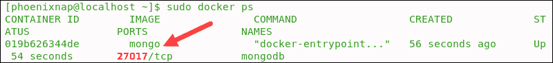 List of Docker images with default ports. The MongoDB port is listed as 27017.