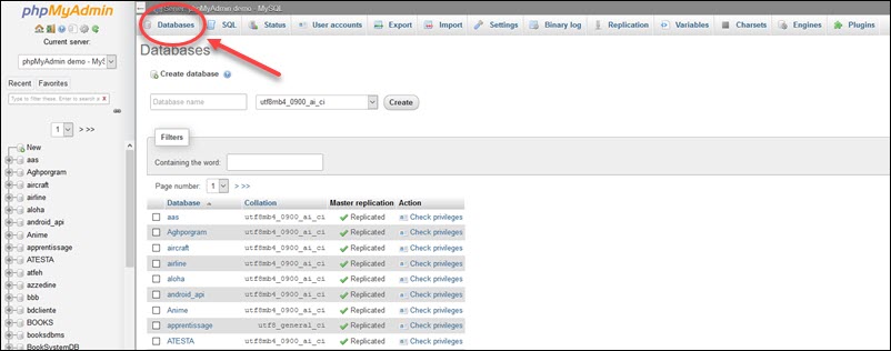 mysql gui displaying databases 