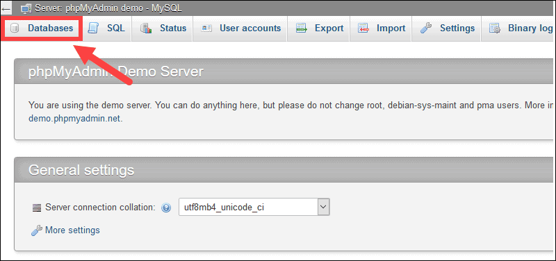 Database tab in Myphpadmin tool.