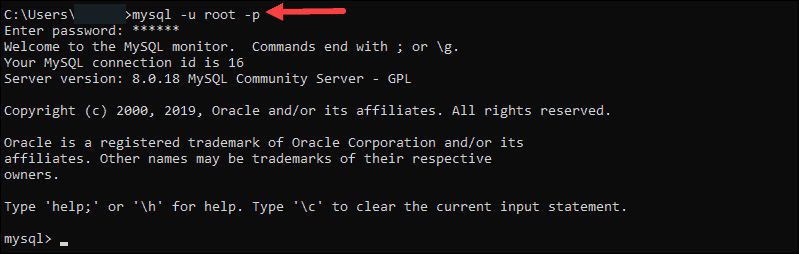 Successful login to MySQL