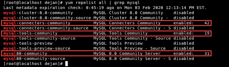 Verification that the MySQL Community repository installed on CentOS 8