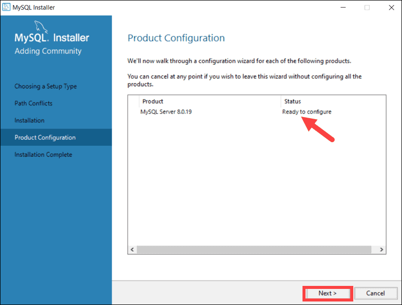 Start the MySQL configuration process by clicking Next.