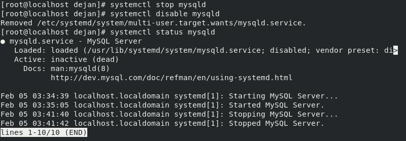 MySQL status inactive and disabled at boot in CentOS 8