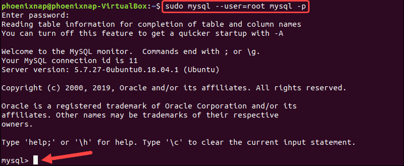 Command to log in to MySQL shell.