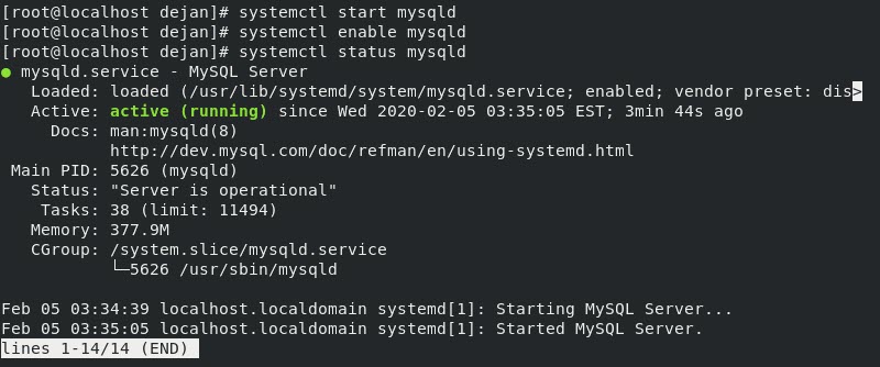 Terminal output in CentOS when MySQL is active and enabled.