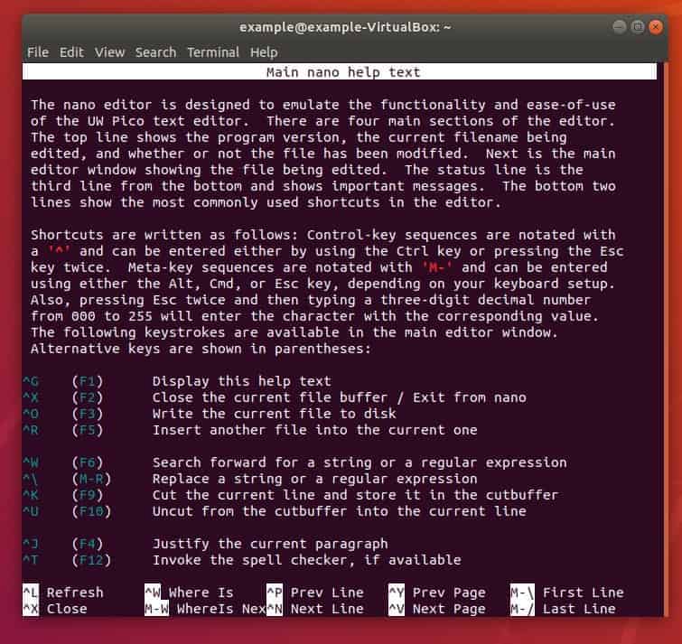 screenshot of the main nano help page with all text commands