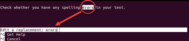 spell checking in nano, replacement errors