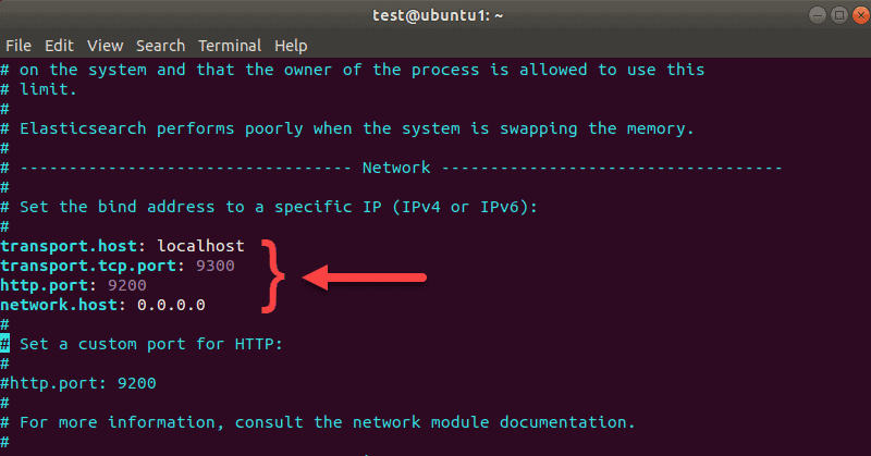 Adding host information to the elasticsearch.yml file using the terminal and vim editor.