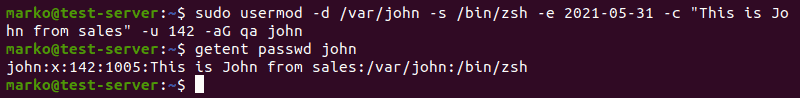 Editing a user account using multiple options of the usermod command