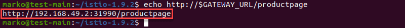 Checking the web address of the Bookinfo site using echo