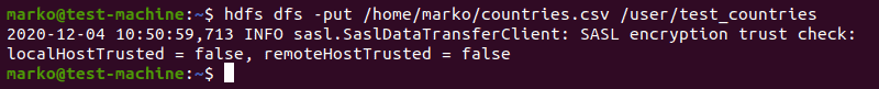 Using hdfs dfs put command to copy the file in the HDFS directory
