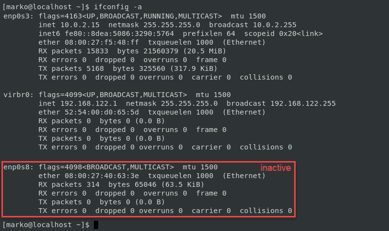 Using ifconfig with -a option to see both active and inactive interfaces in CentOS 7