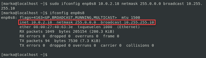 Output from ifconfig after changing IP address, netmask and broadcast in one line