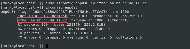 Changing the MAC address using the ifconfig command