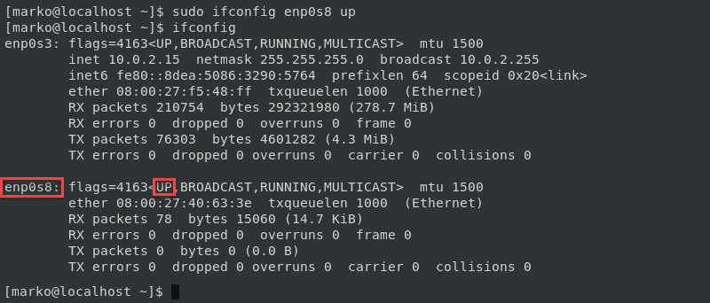 A previously inactive interface showing up as active after using the ifconfig command