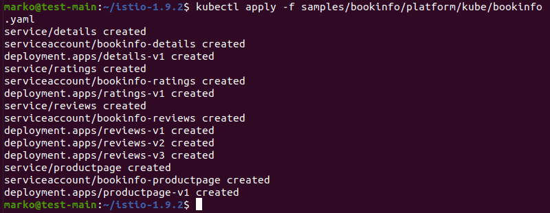 Applying the bookinfo.yaml file using kubectl