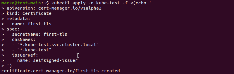 Generating a self-signed certificate with a kubectl command using cert-manager