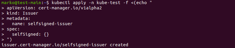 Confirming the successful creation of the certificate issuer using the kubectl command 