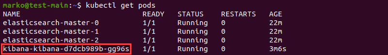 Checking if the Kibana pod is up using the get pods command