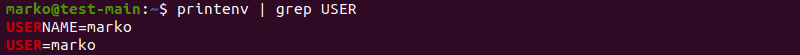 Using the printenv command with grep to look for the USER variable