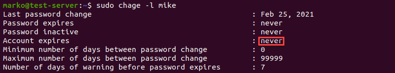Checking user account security information using the chage -l command