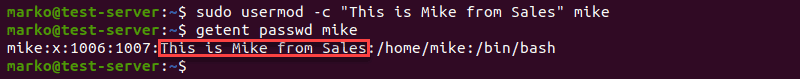 Adding an informational message about a user using the usermod -c option