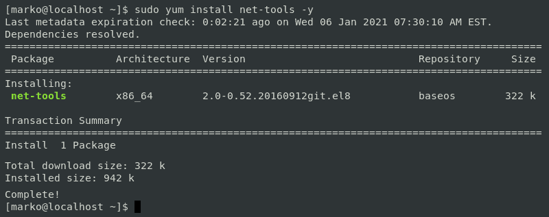 Installing the net-tools package using the yum package manager in CentOS 7