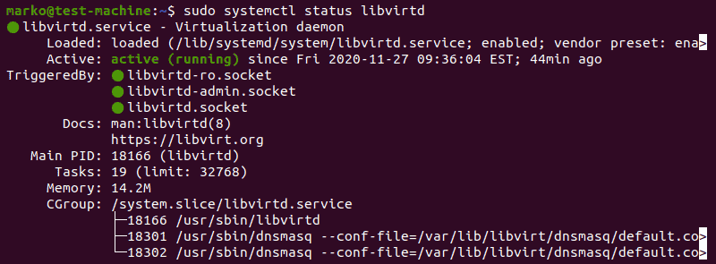 Checking the status of the virtualization daemon with systemctl
