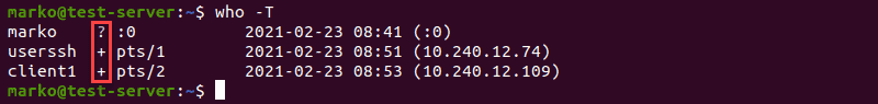 Displaying the user's message status with who -T