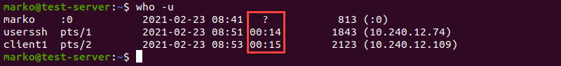 Displaying the users' idle time with who -u