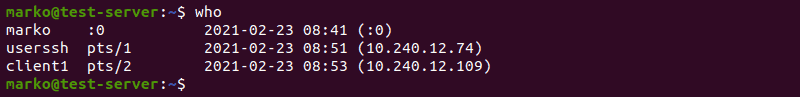 Using who to print a list of logged users