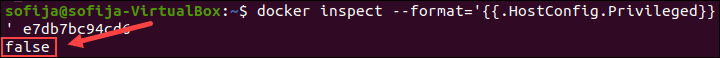 Output showing a container is not privileged.