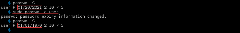 Terminal output of the command passwd -e