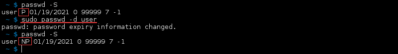 Terminal output of using the command passwd -d