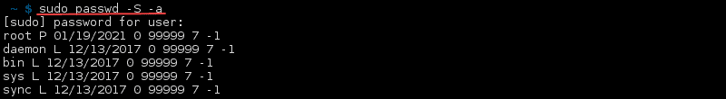 Terminal output of passwd -S -a command