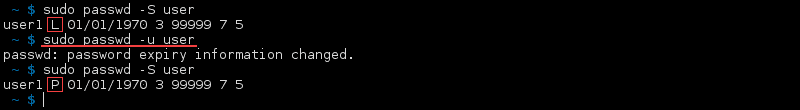 Terminal output of the command passwd -u