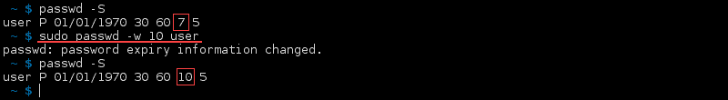 Terminal output of the command passwd -w