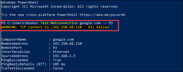 Ping a port using PowerShell on Windows