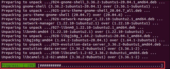Progress bar showing upgrade progress from apt upgrade.