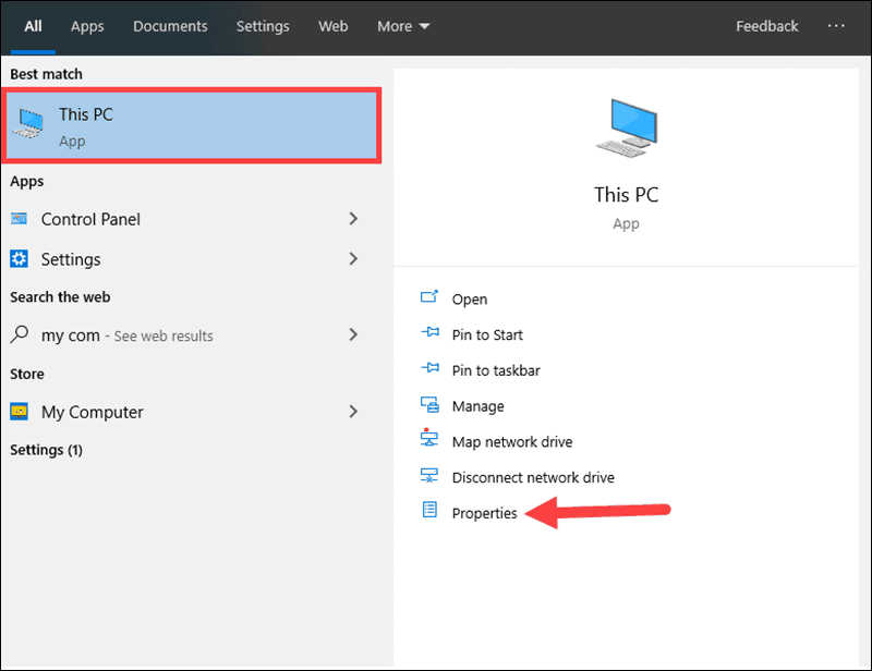 Selecting the properties Tab in This PC menu