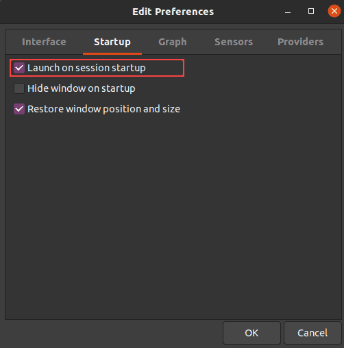 Psensor app Preferences on Ubuntu Linux. 